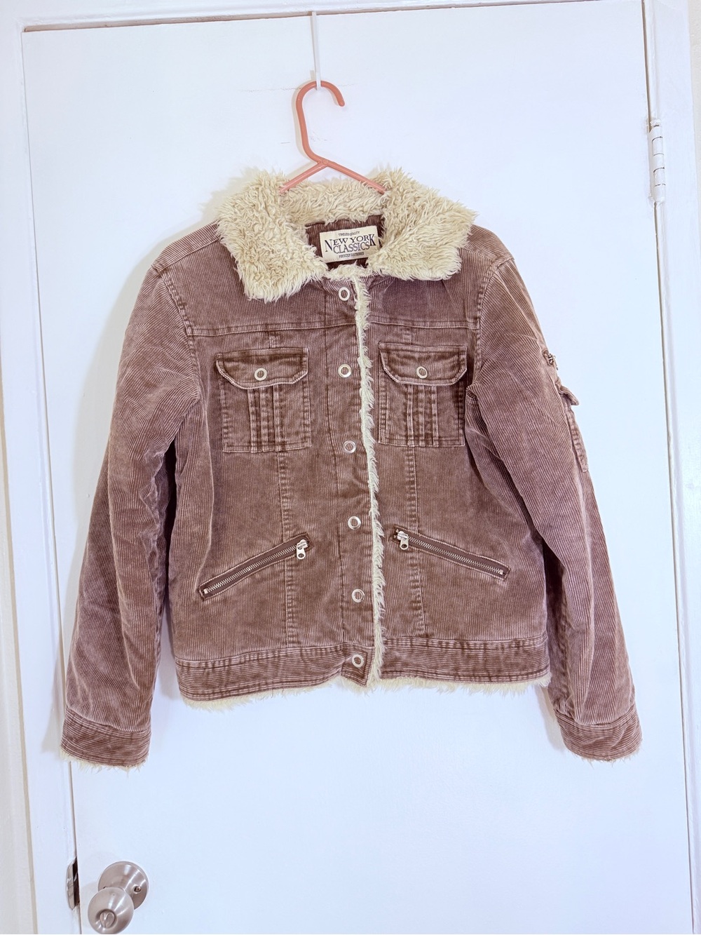 New York Classics Women’s Corduroy Sherpa-Lined Pea Coat - Brown